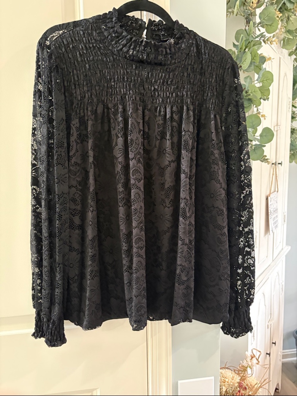 Cable & Gauge Black Lace Smocked-Neck Long Sleeve Blouse